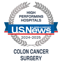 U S News and World Report badge recognizing UCSF among the Top Performing Hospitals for Colon Cancer Surgery, 2024-2025