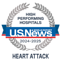 U S News and World Report badge recognizing UCSF among the High Performing Hospitals for Heart Attack, 2024-2025