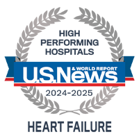 U S News and World Report badge recognizing UCSF among the High Performing Hospitals for Heart Failure, 2024-2025