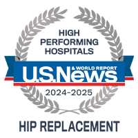 U S News and World Report badge recognizing UCSF among the High Performing Hospitals for Hip Replacement, 2024-2025