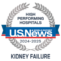 U S News and World Report badge recognizing UCSF among the Top Performing Hospitals for Kidney Failure, 2024-2025