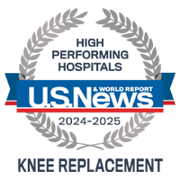 U S News and World Report badge recognizing UCSF among the High Performing Hospitals for Knee Replacement, 2024-2025