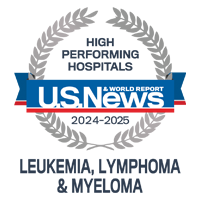U S News and World Report badge recognizing UCSF among the High Performing Hospitals for Leukemia, Lymphoma and Myeloma, 2024-2025