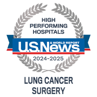 U S News and World Report badge recognizing UCSF among the High Performing Hospitals for Lung Cancer Surgery, 2024-2025