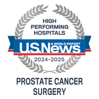 U S News and World Report badge recognizing UCSF among the High Performing Hospitals for Prostate Cancer Surgery, 2024-2025