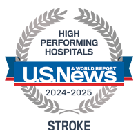 U S News and World Report badge recognizing UCSF among the High Performing Hospitals for Stroke, 2024-2025